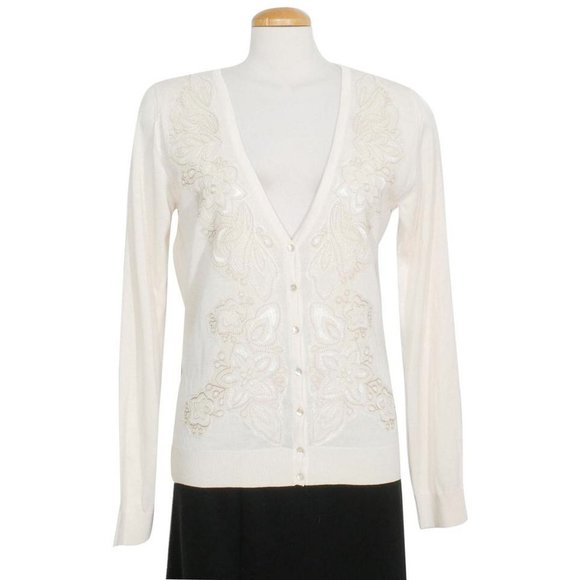 Silk Knit Embroidered Floral Applique Cardigan L